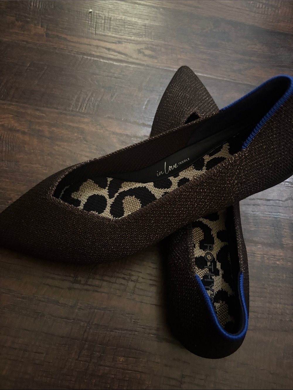 Rothy's Pointed Toe Flats in Dark Brown with Blue Trim - Picture 1 of 6